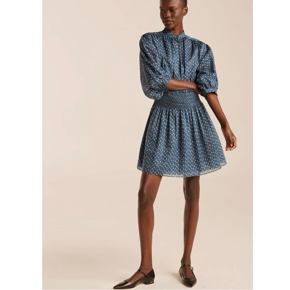 Rebecca Taylor Ikat Shirt Dress Women’s Size S Indigo Combo Smocked Fit Flare - Picture 1 of 13